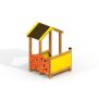 Bravo II wooden playhouse with yellow roof and interactive alphabet panel for playgrounds.