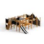 King-Kong Nature II castle with slide playground structure with wooden climbing frames and black slide.